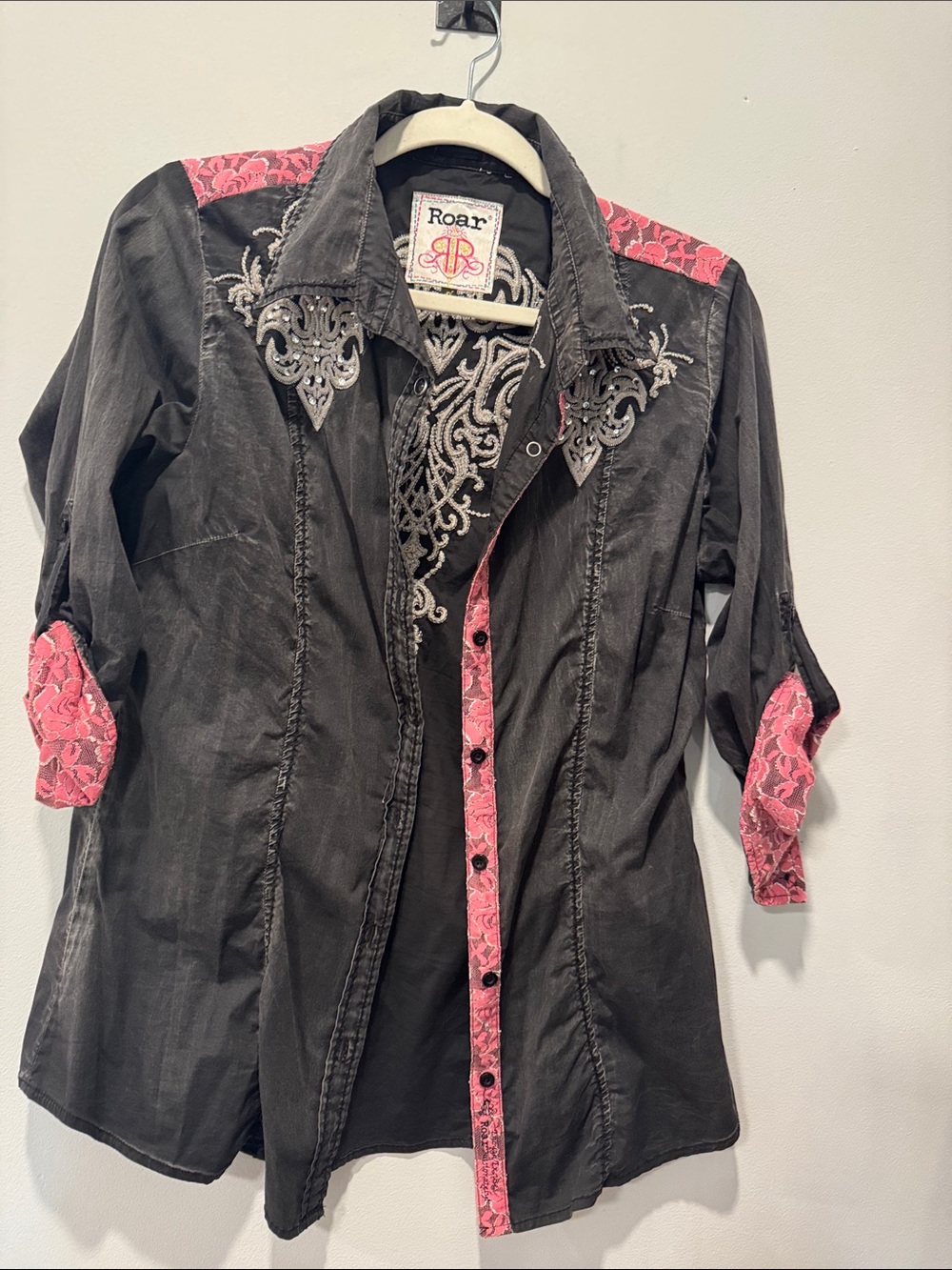 Roar Black Shirt with Pink Lace Accents